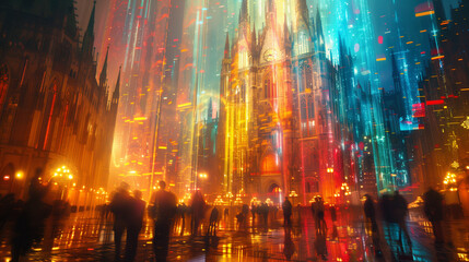 Neon-lit Marienplatz square in Munich with silhouetted figures.