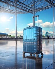 Travel luggage blue suitcase at the airport.