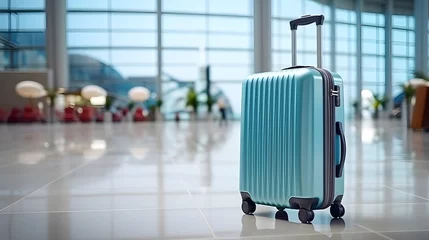 Foto op Plexiglas Travel luggage blue suitcase at the airport. © Spyrydon