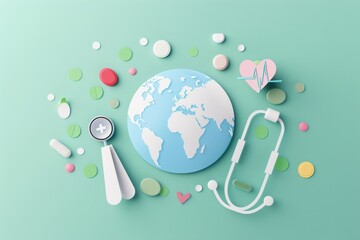 World Health Day paper art style illustration in the style of flat design, health care symbol with stethoscope and heart on pastel green background