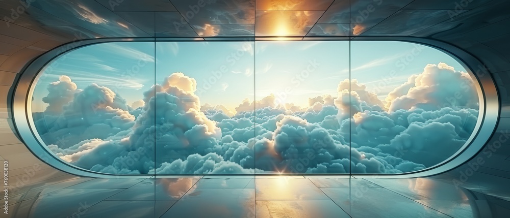 Fototapete A view from a low angle shows a skyscraper office building with cloud reflections on the window, a 3D rendering of futuristic architecture.