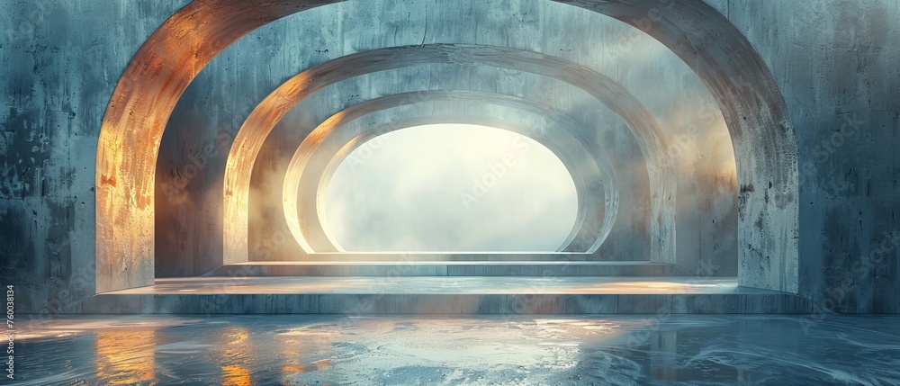 Fototapete Three-dimensional rendering of an abstract futuristic architecture with an empty concrete floor...