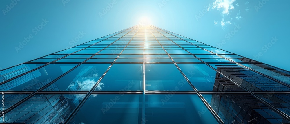 Poster 3D rendering of a skyscraper made of glass with dark steel windows on a blue clear sky background in the future, looking up to the sun light shining on the top.