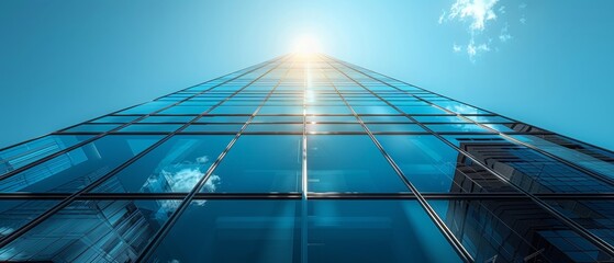 3D rendering of a skyscraper made of glass with dark steel windows on a blue clear sky background in the future, looking up to the sun light shining on the top.