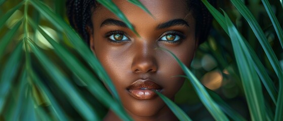 African American woman poses against tropical green leaf. Natural cosmetics concept.