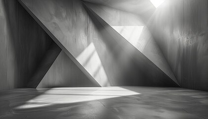 Minimalistic Abstract interlocking triangles in monochrome with a central light source, casting soft shadows