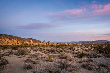 Rock formations and boulders in Joshua Tree National Park, California.