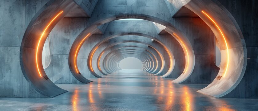 Render of abstract futuristic architecture on an empty concrete floor.