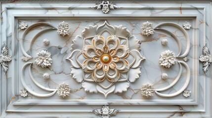 decorative mandala ornament on white marble surface, suitable for detailed ceiling and wall art wallpaper - obrazy, fototapety, plakaty
