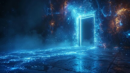Technology portal on a polygonal wireframe glowing background in the style of an open door modern illustration. Futuristic science fiction concept of a doorway. - obrazy, fototapety, plakaty