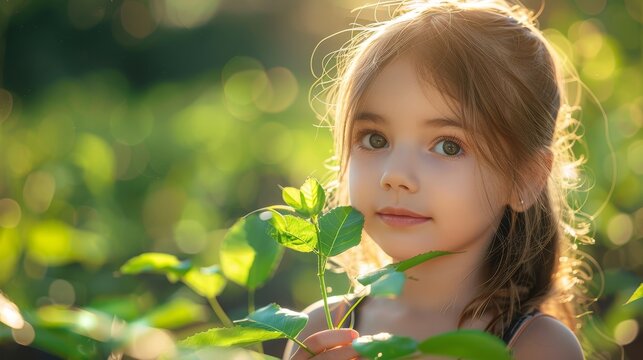 An image of a little girl holding a young green plant in the sunlight, with a background toned to an Instagram filter. Ecology concept.