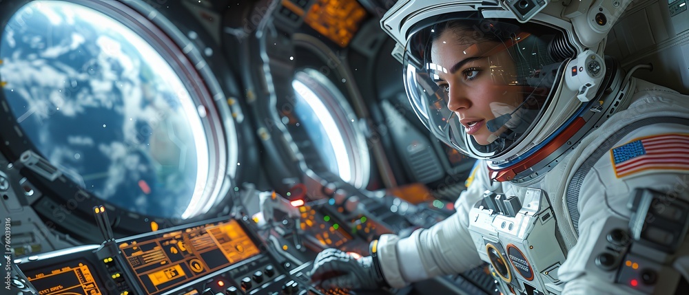 Poster women astronauts in spacesuits hover in weightlessness inside a spacecraft against a backdrop of a p