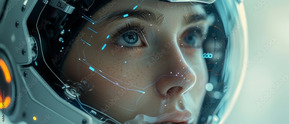 Poster ai in image of robot woman or female cyborg working in 3d virtual reality cyberspace. robot lady ana