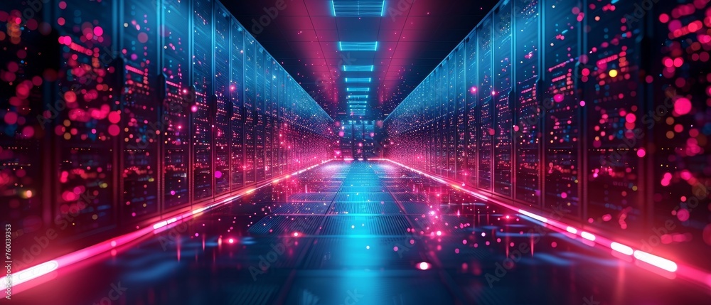 Poster Digital cyber space with spheres hanging over the floor in data centers or cloud storage concepts. Abstract design interior of data center server room.