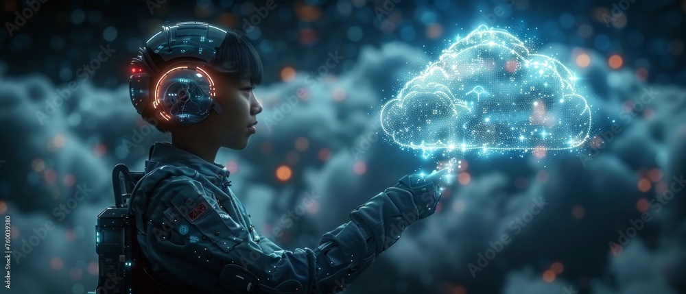 Poster An artificial intelligence (AI) robot works with data in a digital cloud storage. The robot carries a cloud of data.