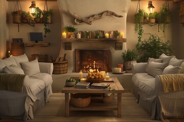 Fototapeta na wymiar A cozy, rustic living room transformed for Earth Day with a focus on harmony with nature.