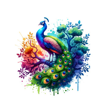 recommend clip art: A beautiful watercolor painting of a peacock on a tree with a transparent background