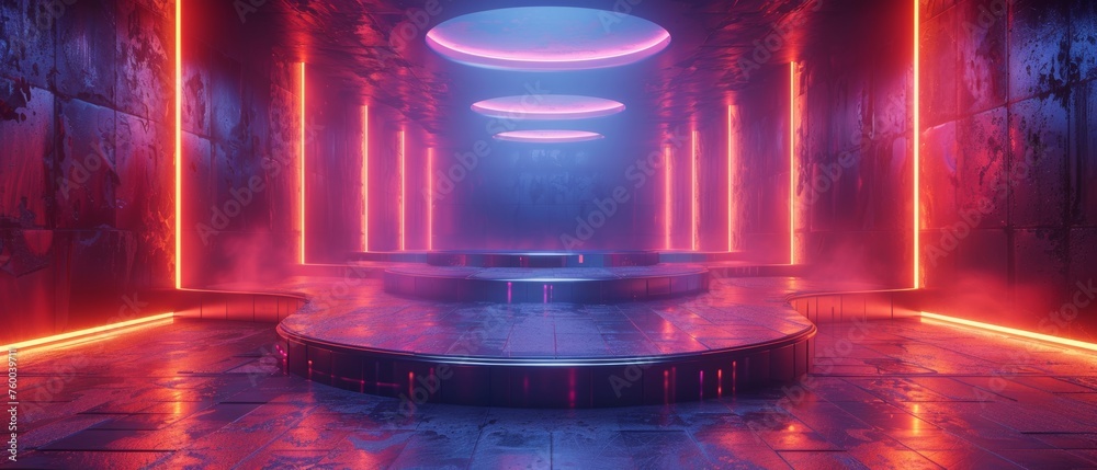 Aufkleber technology podium and futuristic stage neon. 3d rendering of a futuristic stage.