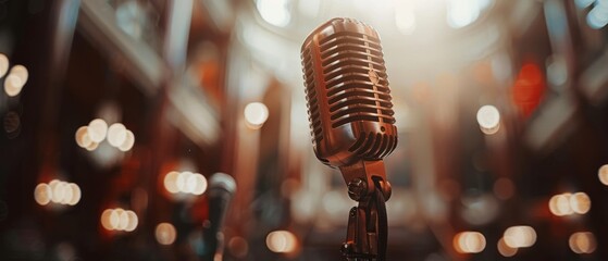 A retro microphone on stage with bokeh lighting