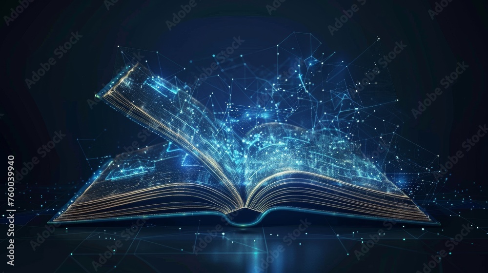 Aufkleber Low poly wireframe online education blue background or concept with opened book. Digital  illustration. Online reading or courses. Abstract polygonal image of notebook on laptop.