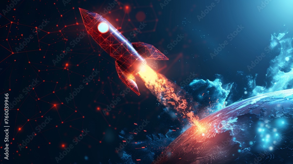 Aufkleber  illustration of the launch of an abstract rocket and a graph that grows up. Low poly style design. Startup concept. Blue geometric background. The wireframe structure for the light connection