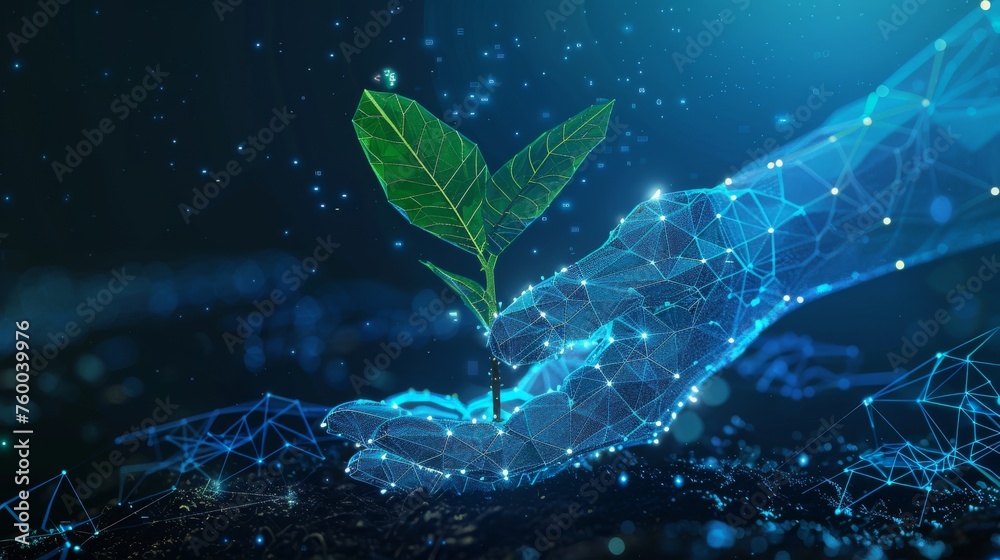 Leinwandbilder graph illustration of abstract giving hand with young plant in soil. blue geometric background. wire