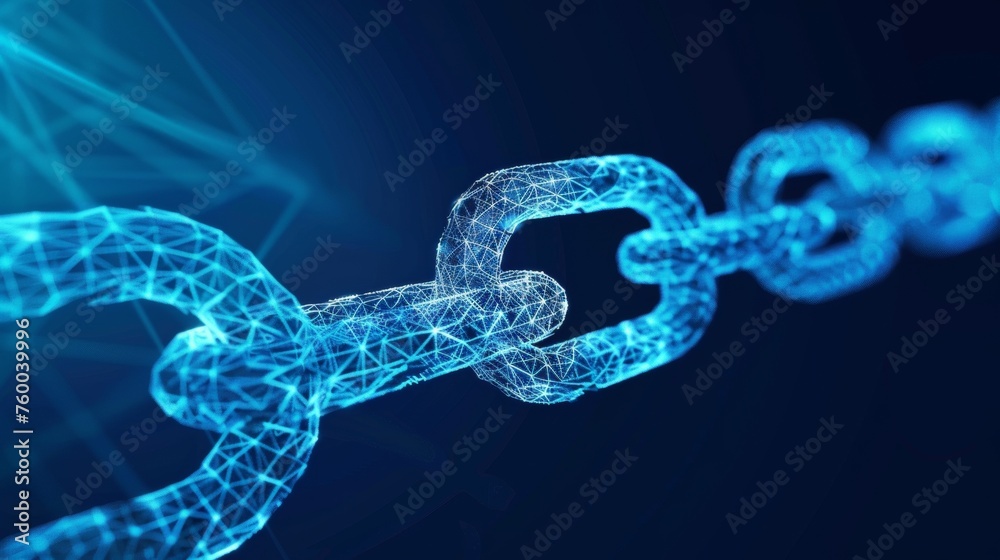 Poster The abstract  chain element. The wireframe chain element on the blue background. The link protection symbol, blockchain symbol, cooperation symbol. The communication symbol. Communication,