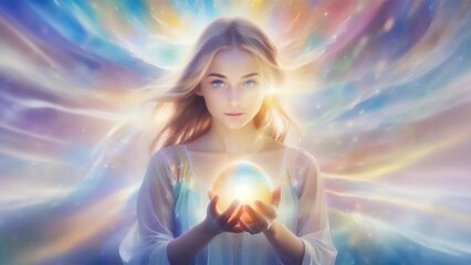 young woman holding a magic sphere