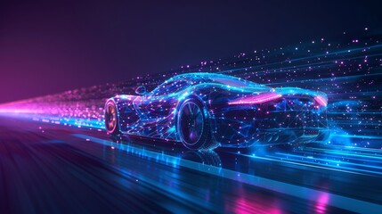 A fast  wireframe concept of a sport car that looks like a starry sky or space, with points, lines and shapes that represent planets, stars, and the universe. Blue and purple colors. - obrazy, fototapety, plakaty