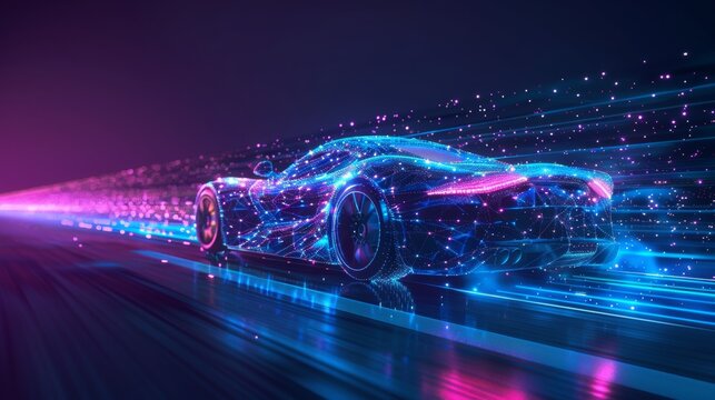 A fast  wireframe concept of a sport car that looks like a starry sky or space, with points, lines and shapes that represent planets, stars, and the universe. Blue and purple colors.