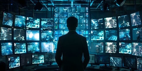 Expert examining cyber evidence on multiple screens in hightech digital environment. Concept Cybersecurity Analysis, Digital Forensics, High-Tech Investigation, Tech Expert, Cyber Evidence