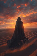 Ghostly figure looming in an endless desert, sunset glow, wide-angle view, surreal atmosphere, close-up