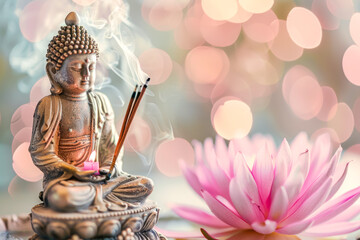 Buddha statue with burning incense sticks and a lighted candle next to a lotus flower, on bokeh background. Concept of meditation, Buddhism and wellness.
