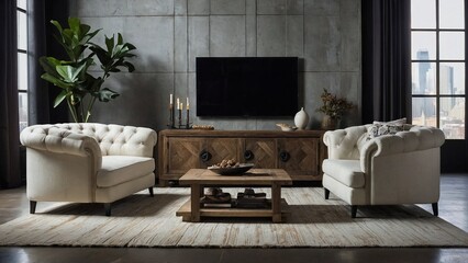 Modern living room with fireplace. An old oak cabinet. A plush, white tufted sofa, creating a harmonious blend of rustic charm and contemporary comfort in your urban loft living room.