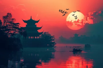 Schilderijen op glas Asia sunset. Nature beautiful china. Generate Ai © anatolir