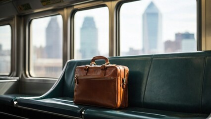A shot of a sleek briefcase placed on a comfortable train seat with a cityscape visible through the window. Suitcase for travelling.