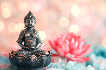 Buddha statue on white petals on an out-of-focus background with a lotus flower. Concept of Buddhism, spirituality and meditation. Copy space.