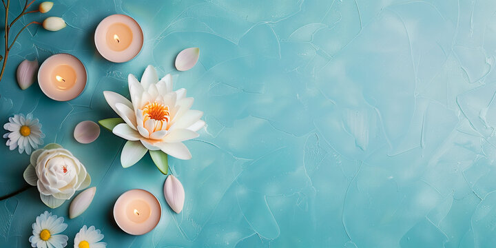 White lotus in water on a blue background, candles nearby, free space for text