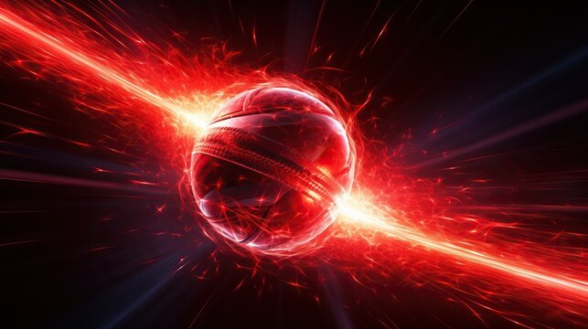 A red cricket sport ball flying through the air with a flowing travelling trail of glowing wispy lights on an isolated background - 3D render.


