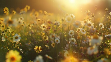 chamomile field at sunset. Sunday nature background. Wildflowers concept. For banner, design. shop, card, invitation, poster, interior, magazine, flyer, cover, mother's day