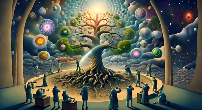 Surreal cosmic tree with celestial bodies and human figures