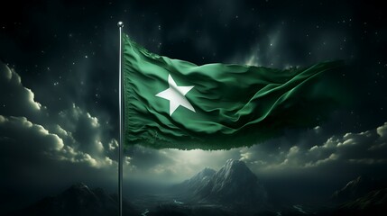 Pakistan 3D waving flag illustration on dark sky with moon and stars