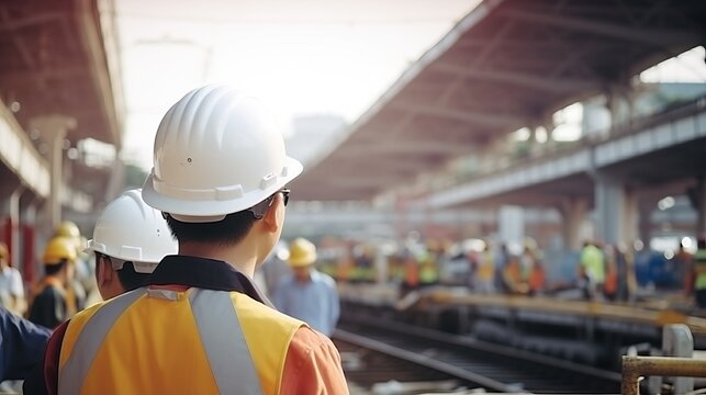 Asian engineer inspects trains Construction workers on the railway Engineer working on railway depot maintenance.


