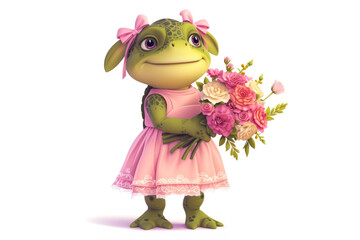 Charming anthropomorphic frog character dressed in a pink tutu, holding a bouquet of pink flowers, presenting a friendly and whimsical appearance