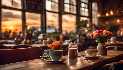 Fototapeta na wymiar Warm Welcome: Inviting Coffee Shop Ambiance in Sunset Glow
