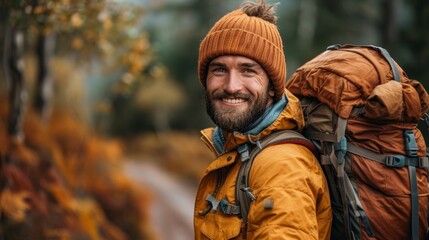 The image shows a young, smiling wanderer with backpack going up the road. Image shows a happy hiker on a summer's day walking alone in the mountains, enjoying his recreation time in nature. - obrazy, fototapety, plakaty