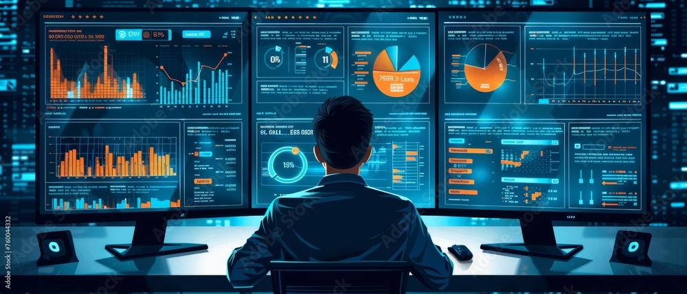 Leinwandbilder Business analysts use a computer and dashboard to analyze data and manage data management systems with KPIs and metrics for technology finance, operations, sales, and marketing.