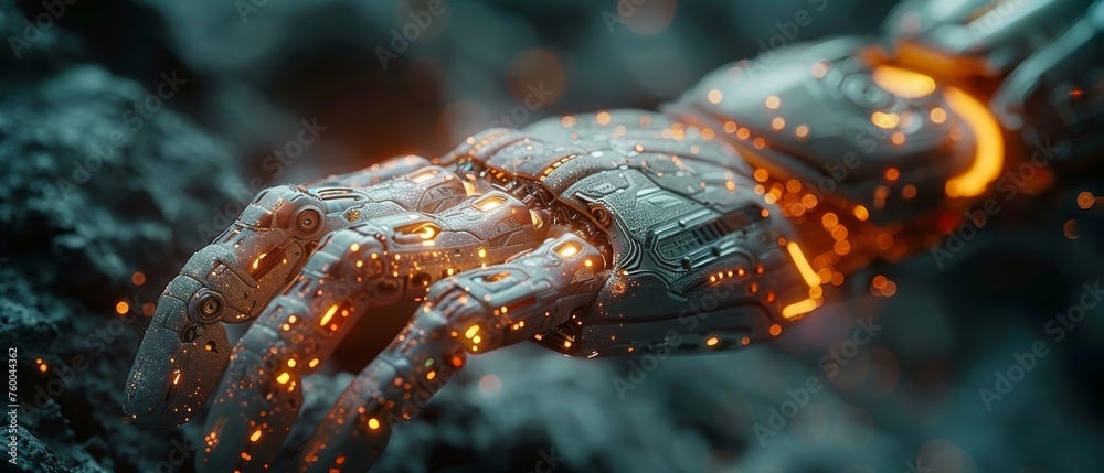 Poster Using tools such as artificial intelligence and smart robots, and innovative technology for providing online access to information and data, man uses tools to use technologies such as artificial