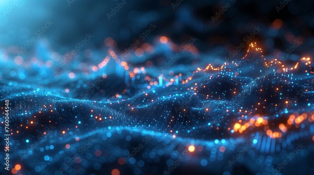 Poster An interface with a digital graph on a dark blue background. This is a representation of the stock market and success in the finance world.