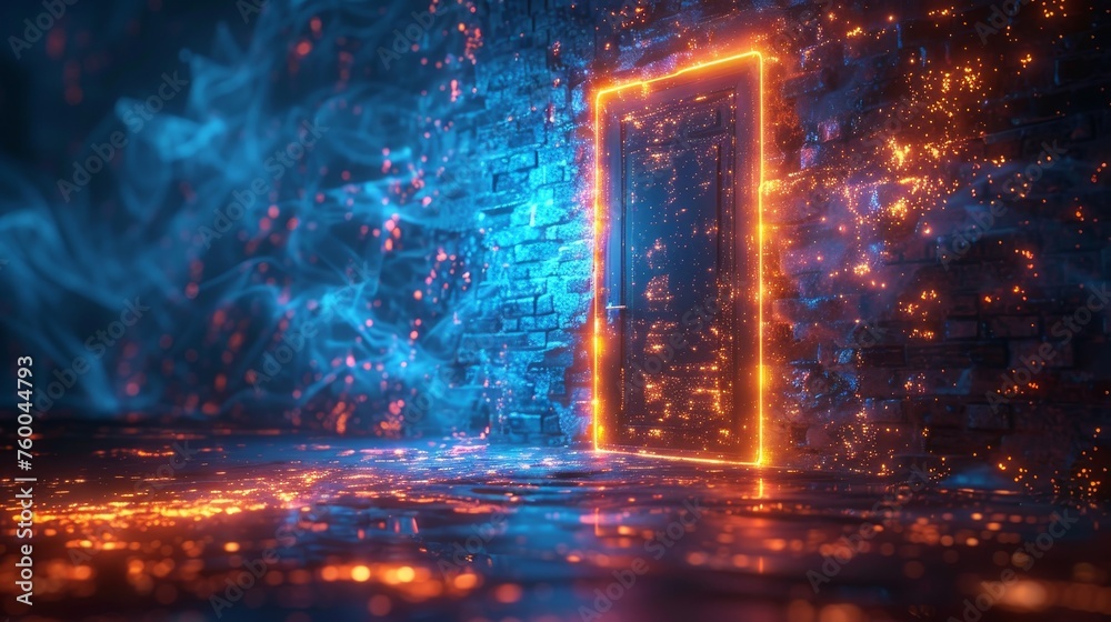 Poster abstract digital door in the future. technology portal with bright neon light. low poly futuristic d